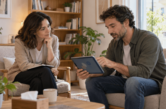 Paciente y profesional exploran juntos una experiencia y vida digital durante la consulta