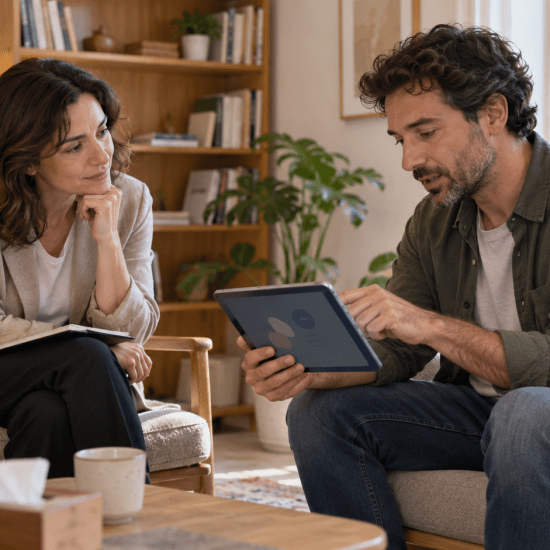 Paciente y profesional exploran juntos una experiencia y vida digital durante la consulta